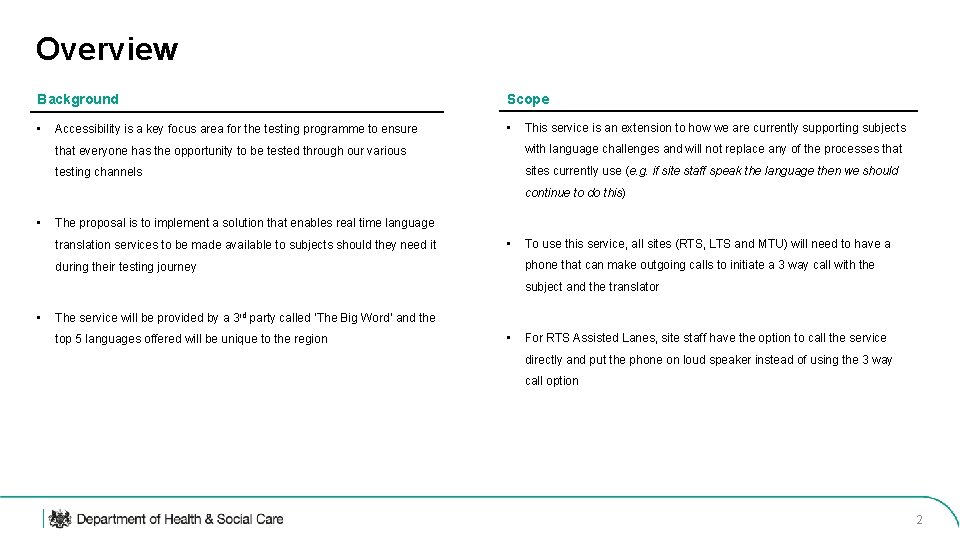 Overview Background Scope • • Accessibility is a key focus area for the testing