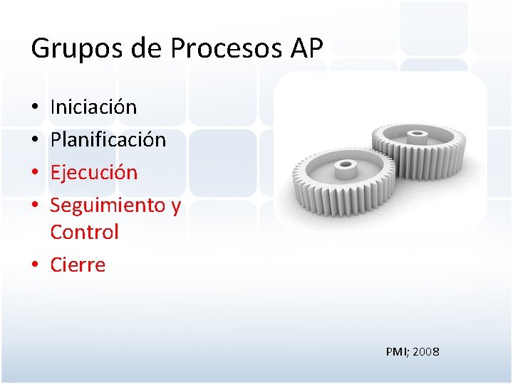 Grupos de Procesos AP Iniciación Planificación Ejecución Seguimiento y Control • Cierre • •