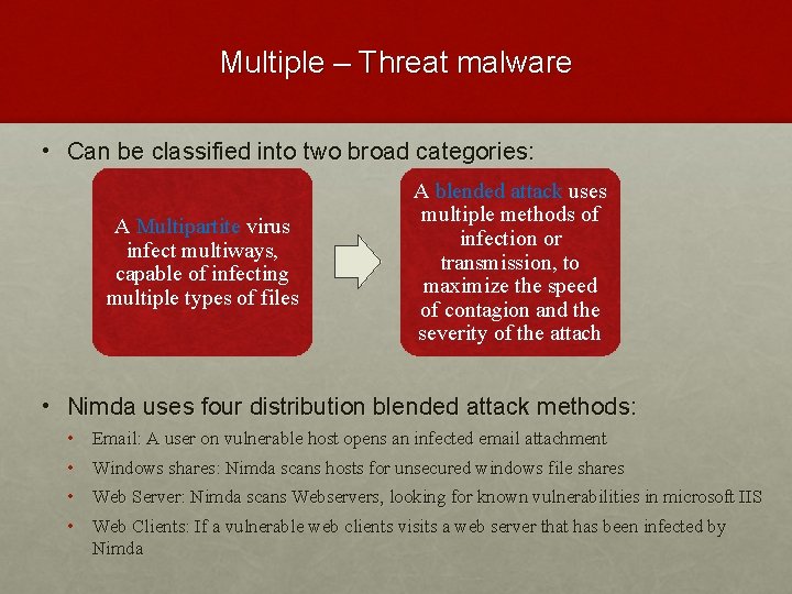 Multiple – Threat malware • Can be classified into two broad categories: A Multipartite