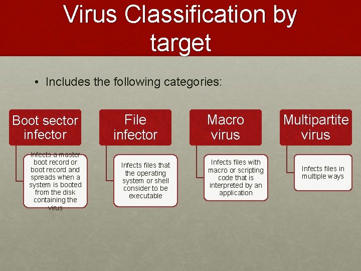 Virus Classification by target • Includes the following categories: Boot sector infector Infects a