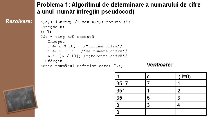 Problema 1: Algoritmul de determinare a numărului de cifre a unui număr întreg(în pseudocod)