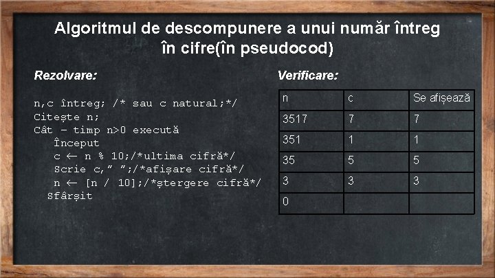 Algoritmul de descompunere a unui număr întreg în cifre(în pseudocod) Rezolvare: n, c întreg;