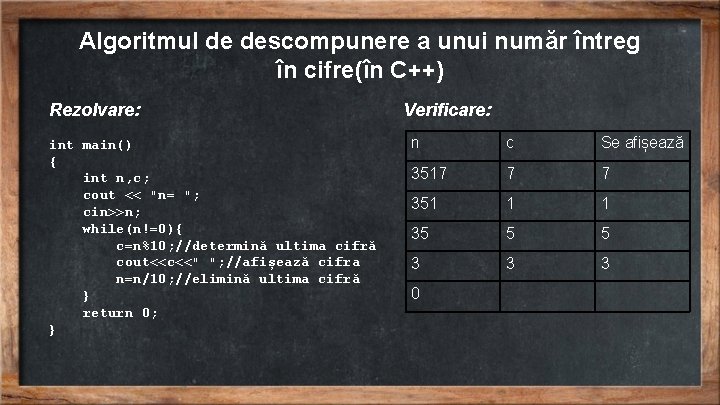 Algoritmul de descompunere a unui număr întreg în cifre(în C++) Rezolvare: int main() {