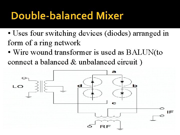 Double-balanced Mixer • Uses four switching devices (diodes) arranged in form of a ring Double-balanced Mixer • Uses four switching devices (diodes) arranged in form of a ring