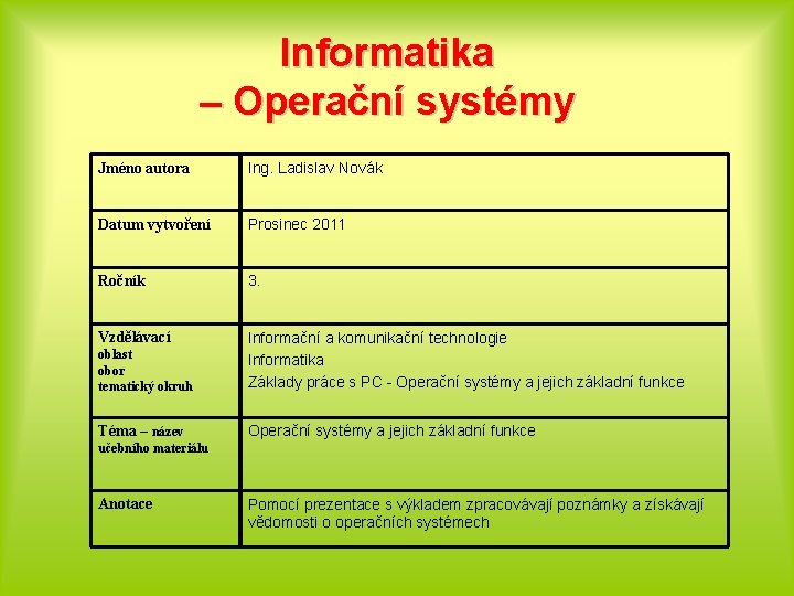 Informatika – Operační systémy Jméno autora Ing. Ladislav Novák Datum vytvoření Prosinec 2011 Ročník