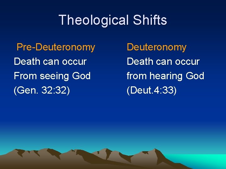 Theological Shifts Pre-Deuteronomy Death can occur From seeing God (Gen. 32: 32) Deuteronomy Death