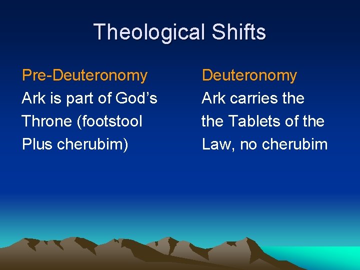 Theological Shifts Pre-Deuteronomy Ark is part of God’s Throne (footstool Plus cherubim) Deuteronomy Ark