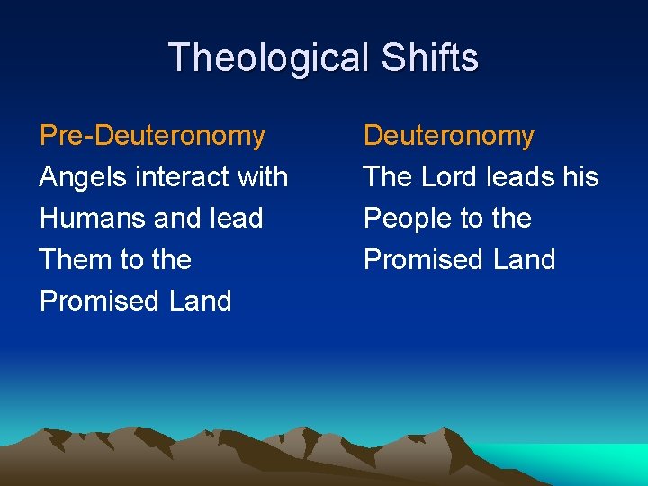 Theological Shifts Pre-Deuteronomy Angels interact with Humans and lead Them to the Promised Land