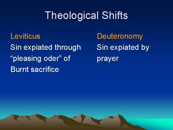 Theological Shifts Leviticus Sin expiated through “pleasing oder” of Burnt sacrifice Deuteronomy Sin expiated