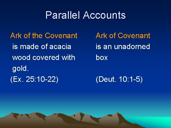 Parallel Accounts Ark of the Covenant is made of acacia wood covered with gold.