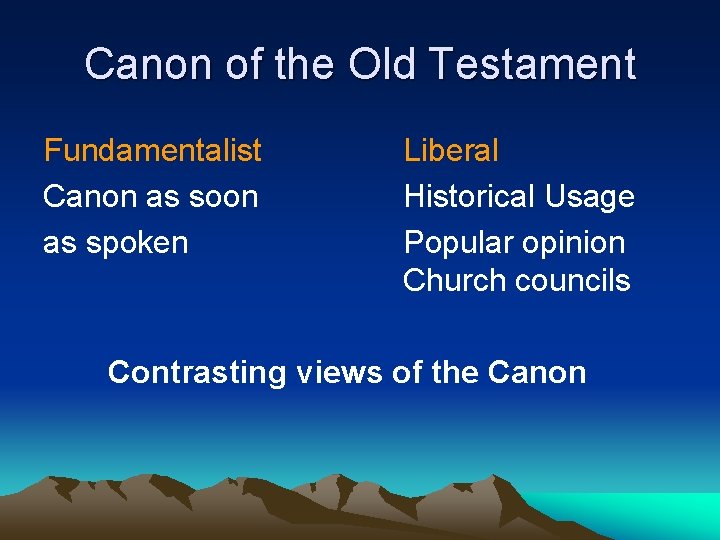 Canon of the Old Testament Fundamentalist Canon as soon as spoken Liberal Historical Usage