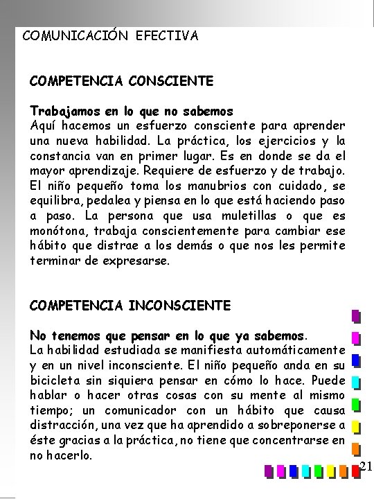 COMUNICACIÓN EFECTIVA COMPETENCIA CONSCIENTE Trabajamos en lo que no sabemos Aquí hacemos un esfuerzo