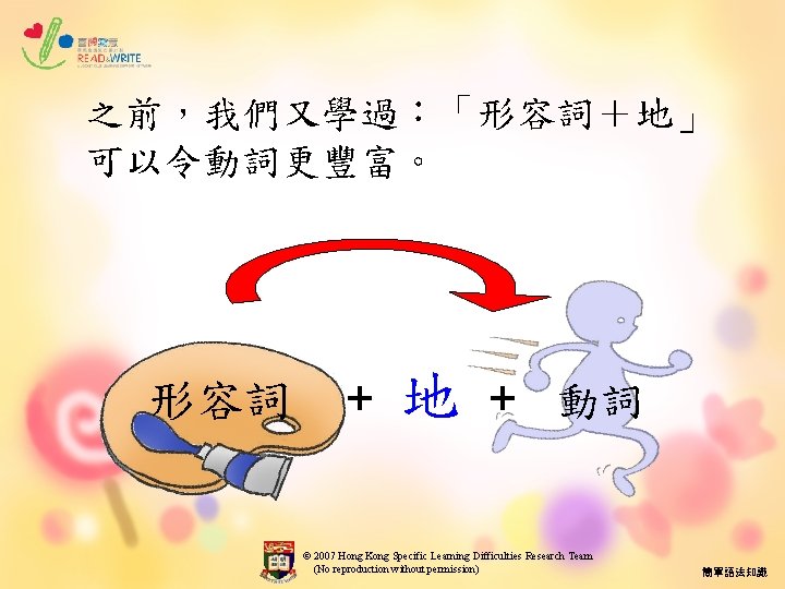 之前，我們又學過︰「形容詞＋地」 可以令動詞更豐富。 形容詞 + 地 + 動詞 © 2007 Hong Kong Specific Learning Difficulties