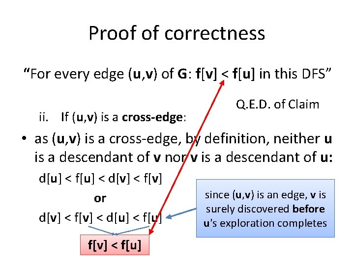 Proof of correctness “For every edge (u, v) of G: f[v] < f[u] in