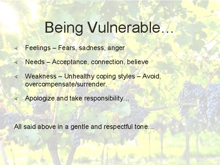 Being Vulnerable… Feelings – Fears, sadness, anger Needs – Acceptance, connection, believe Weakness –