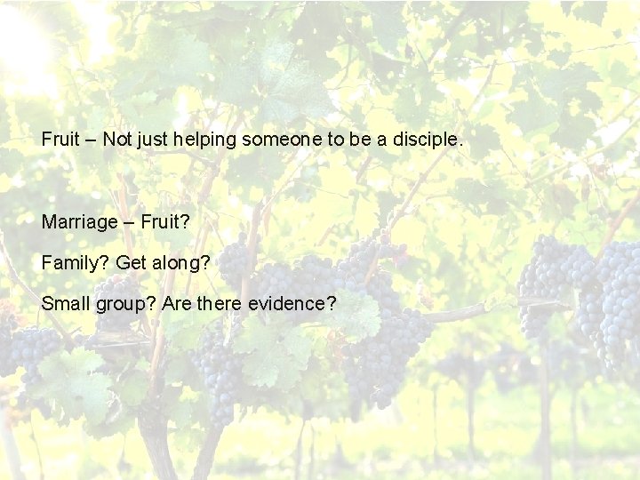 Fruit – Not just helping someone to be a disciple. Marriage – Fruit? Family?