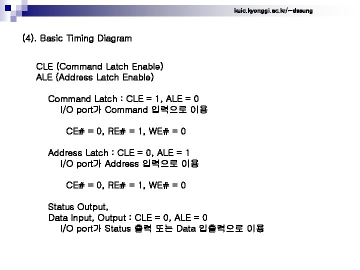 kuic. kyonggi. ac. kr/~dssung (4). Basic Timing Diagram CLE (Command Latch Enable) ALE (Address