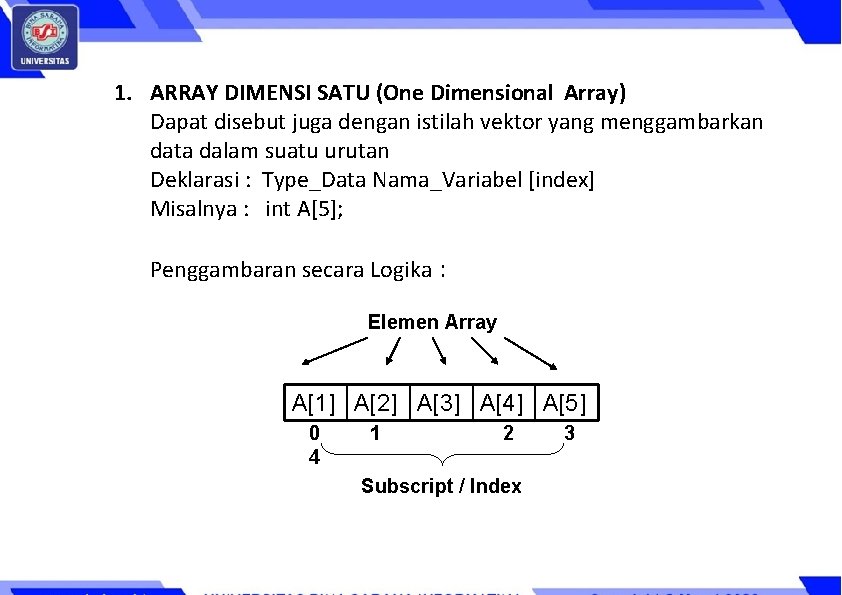1. ARRAY DIMENSI SATU (One Dimensional Array) Dapat disebut juga dengan istilah vektor yang