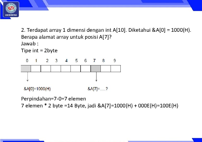 2. Terdapat array 1 dimensi dengan int A[10]. Diketahui &A[0] = 1000(H). Berapa alamat
