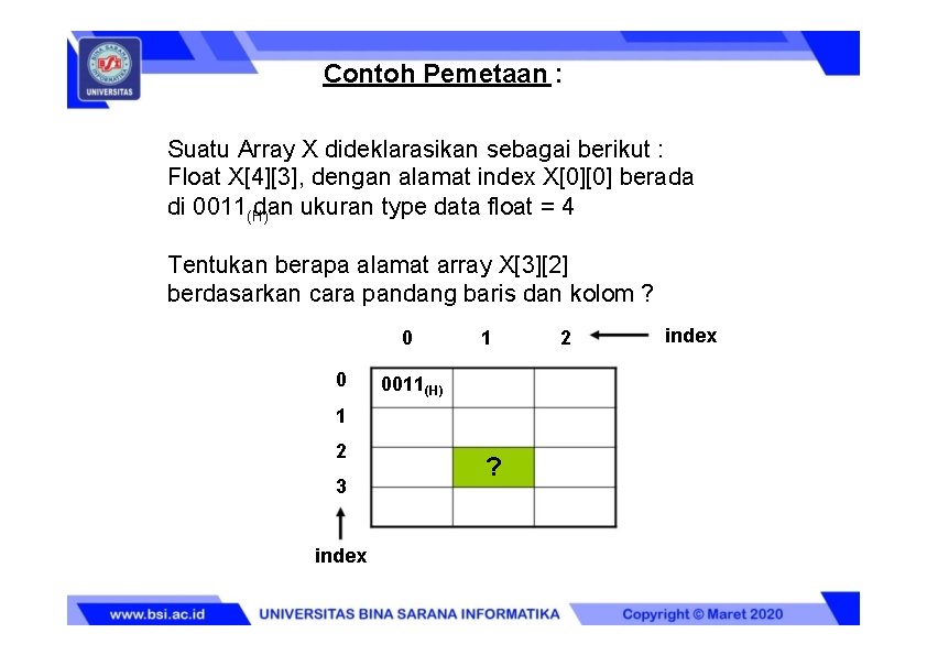 Contoh Pemetaan : Suatu Array X dideklarasikan sebagai berikut : Float X[4][3], dengan alamat