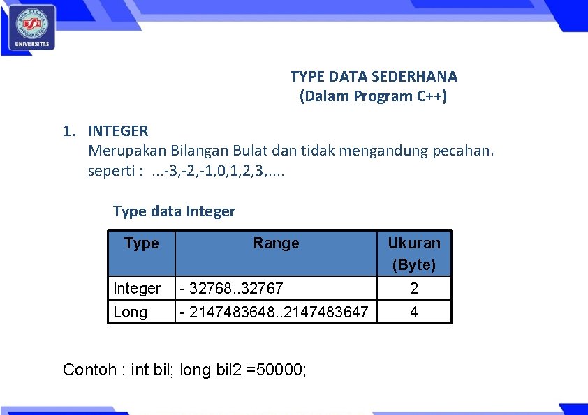 TYPE DATA SEDERHANA (Dalam Program C++) 1. INTEGER Merupakan Bilangan Bulat dan tidak mengandung