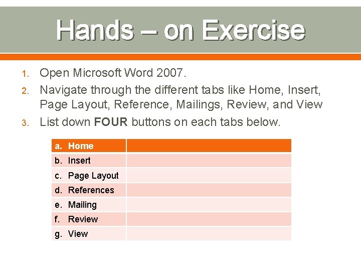 Hands – on Exercise 1. 2. 3. Open Microsoft Word 2007. Navigate through the