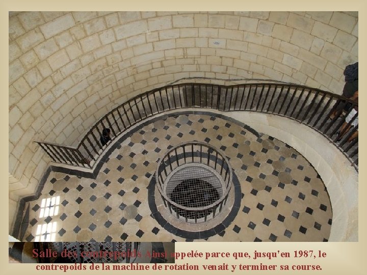 Salle des contrepoids Ainsi appelée parce que, jusqu'en 1987, le contrepoids de la machine Salle des contrepoids Ainsi appelée parce que, jusqu'en 1987, le contrepoids de la machine