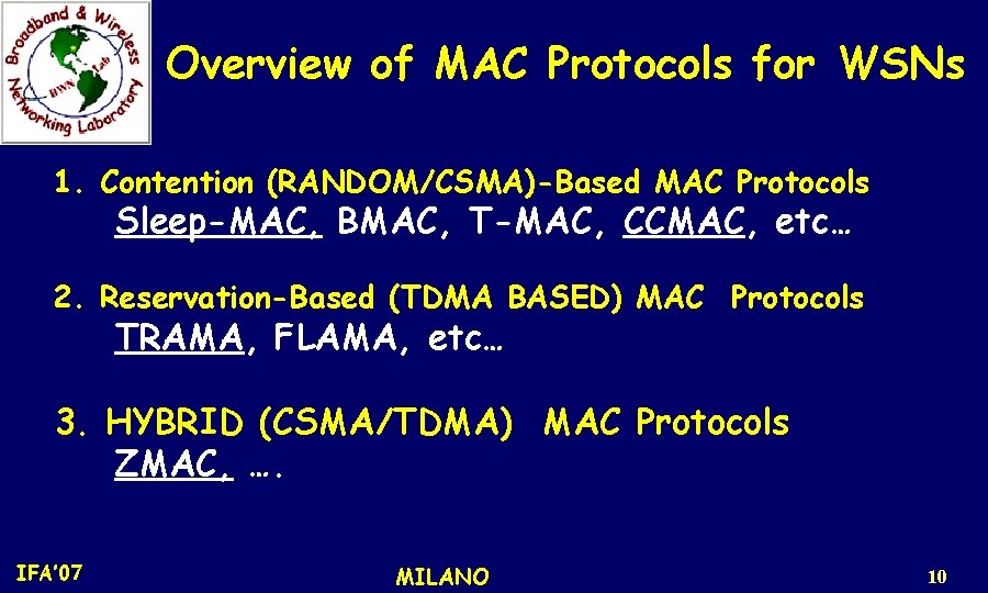 Overview of MAC Protocols for WSNs 1. Contention (RANDOM/CSMA)-Based MAC Protocols Sleep-MAC, BMAC, T-MAC,