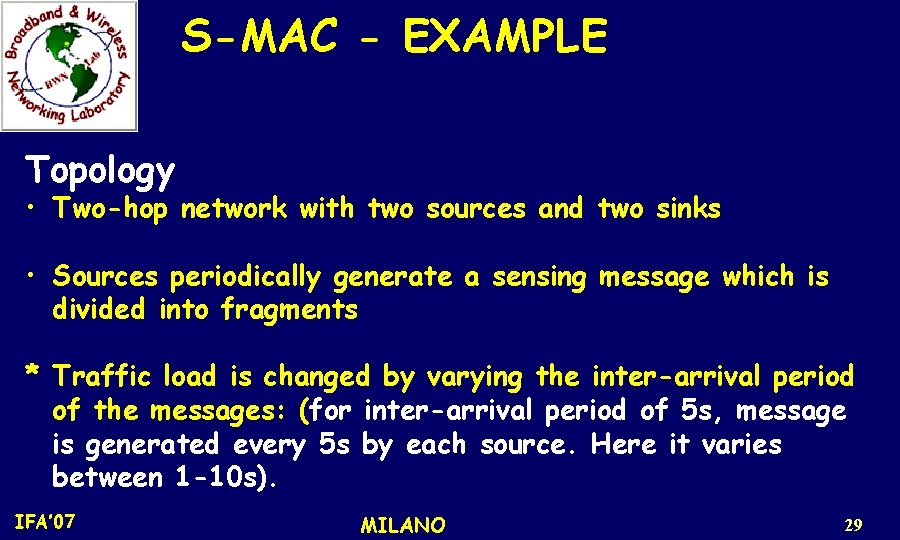 S-MAC - EXAMPLE Topology • Two-hop network with two sources and two sinks •
