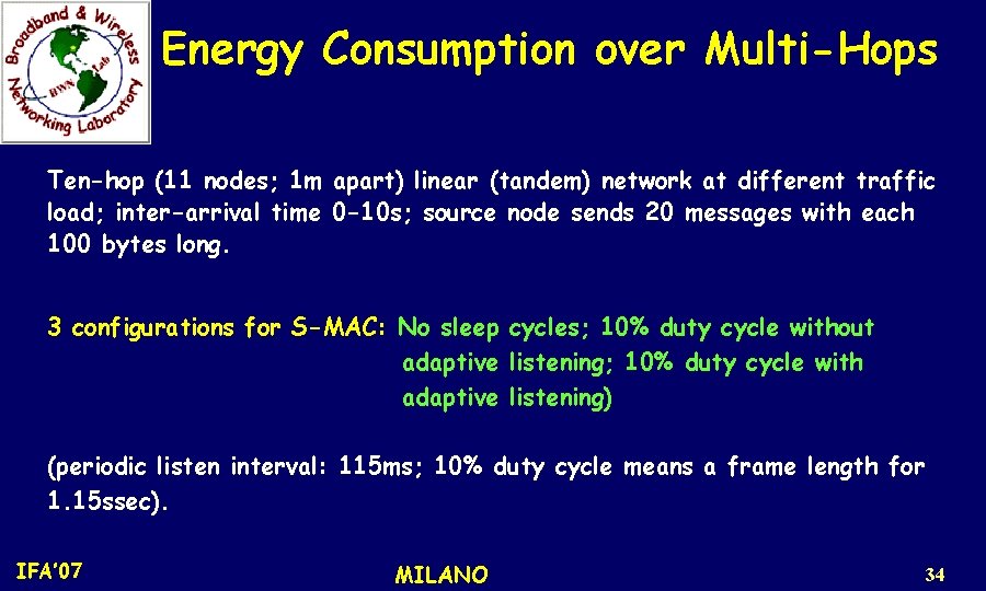 Energy Consumption over Multi-Hops Ten-hop (11 nodes; 1 m apart) linear (tandem) network at