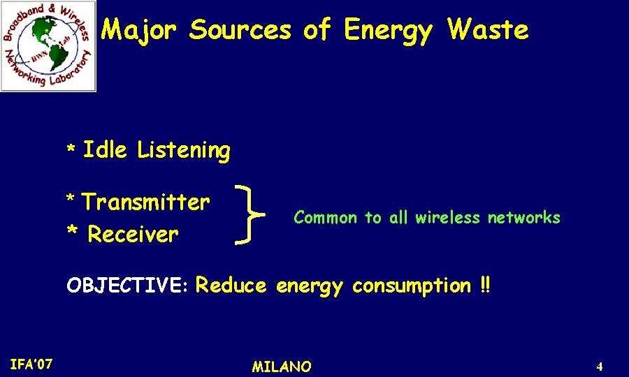 Major Sources of Energy Waste * Idle Listening * Transmitter * Receiver Common to