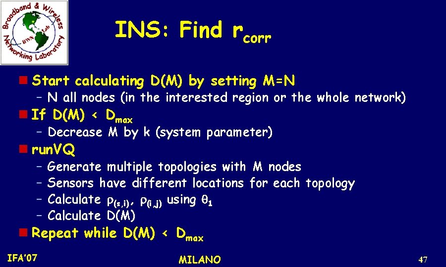 INS: Find rcorr n Start calculating D(M) by setting M=N – N all nodes