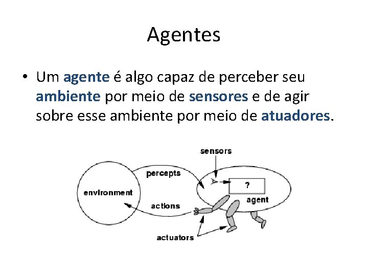Agentes • Um agente é algo capaz de perceber seu ambiente por meio de