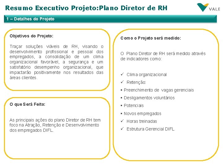 Resumo Executivo Projeto: Plano Diretor de RH 1 – Detalhes do Projeto Objetivos do