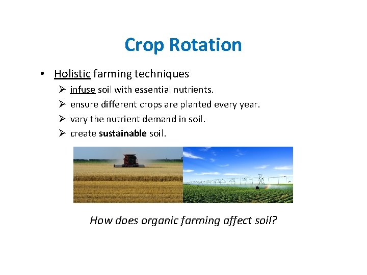 Crop Rotation • Holistic farming techniques Ø Ø infuse soil with essential nutrients. ensure