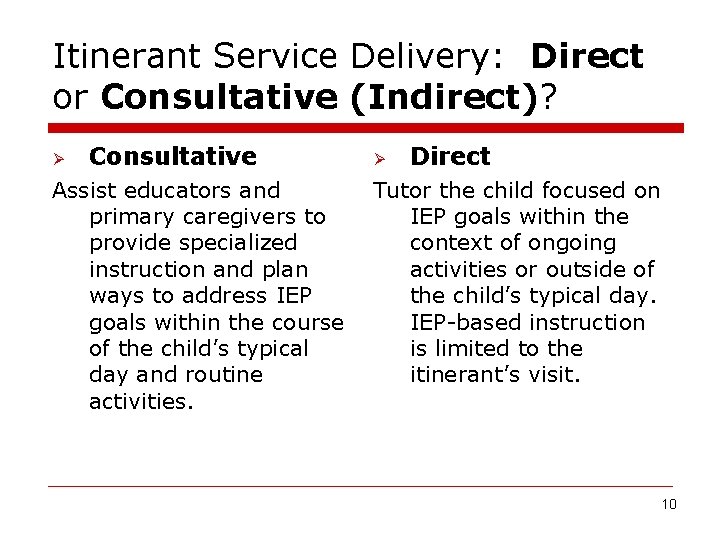 Itinerant Service Delivery: Direct or Consultative (Indirect)? Ø Consultative Ø Direct Assist educators and