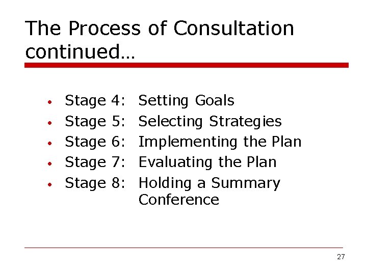 The Process of Consultation continued… • • • Stage 4: Setting Goals Stage 5: