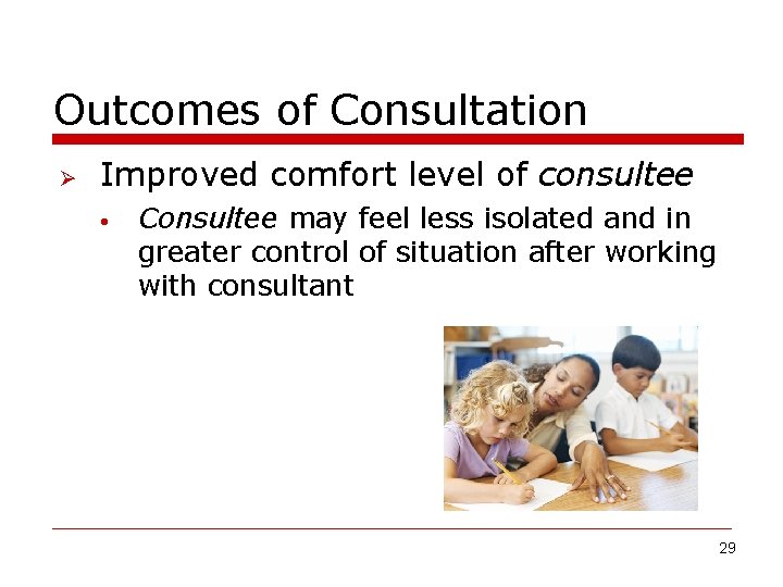 Outcomes of Consultation Ø Improved comfort level of consultee • Consultee may feel less