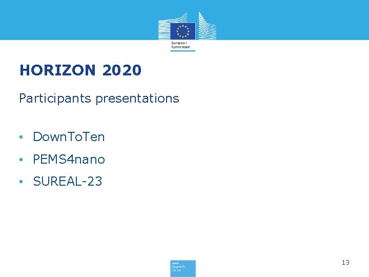 HORIZON 2020 Participants presentations • Down. To. Ten • PEMS 4 nano • SUREAL-23