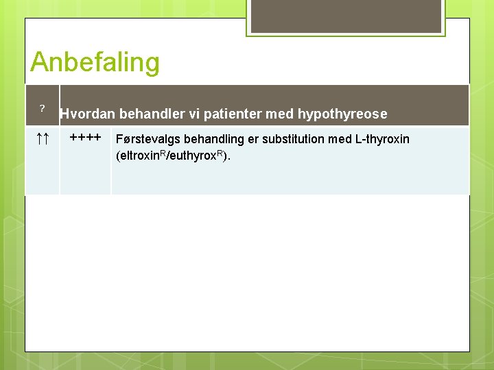 Anbefaling ? ↑↑ Hvordan behandler vi patienter med hypothyreose ++++ Førstevalgs behandling er substitution