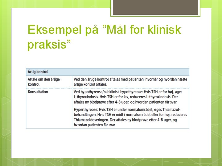 Eksempel på ”Mål for klinisk praksis” 