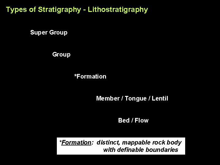 Types of Stratigraphy - Lithostratigraphy Super Group *Formation Member / Tongue / Lentil Bed
