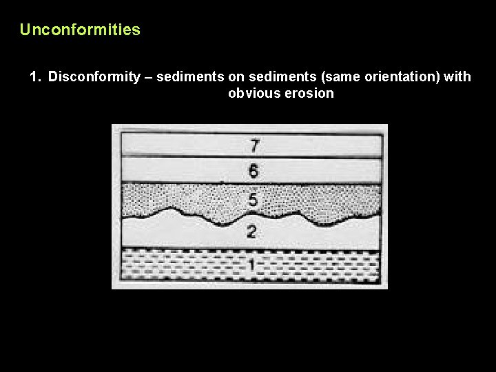 Unconformities 1. Disconformity – sediments on sediments (same orientation) with obvious erosion 