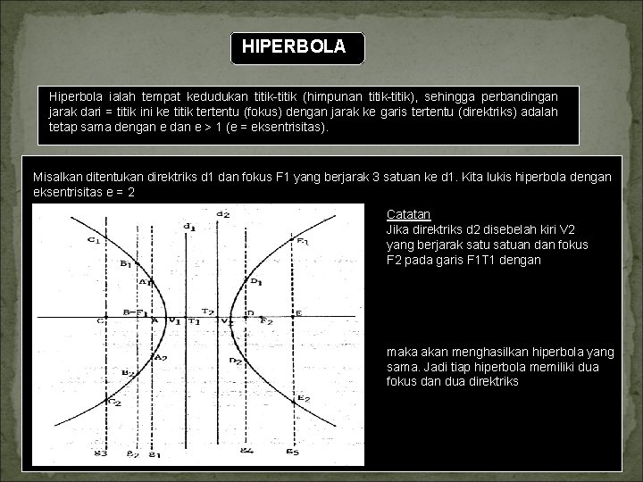 HIPERBOLA Hiperbola ialah tempat kedudukan titik (himpunan titik), sehingga perbandingan jarak dari = titik