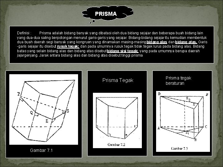 PRISMA Definisi : Prisma adalah bidang banyak yang dibatasi oleh dua bidang sejajar dan