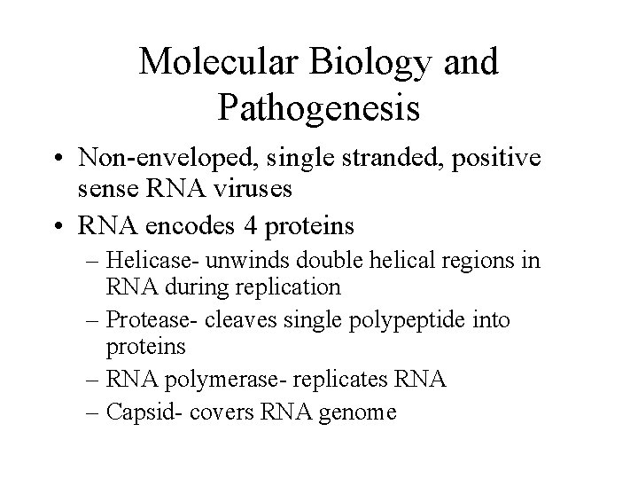 Molecular Biology and Pathogenesis • Non-enveloped, single stranded, positive sense RNA viruses • RNA