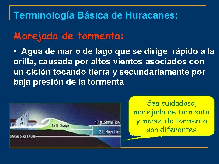 Terminología Básica de Huracanes: Marejada de tormenta: § Agua de mar o de lago