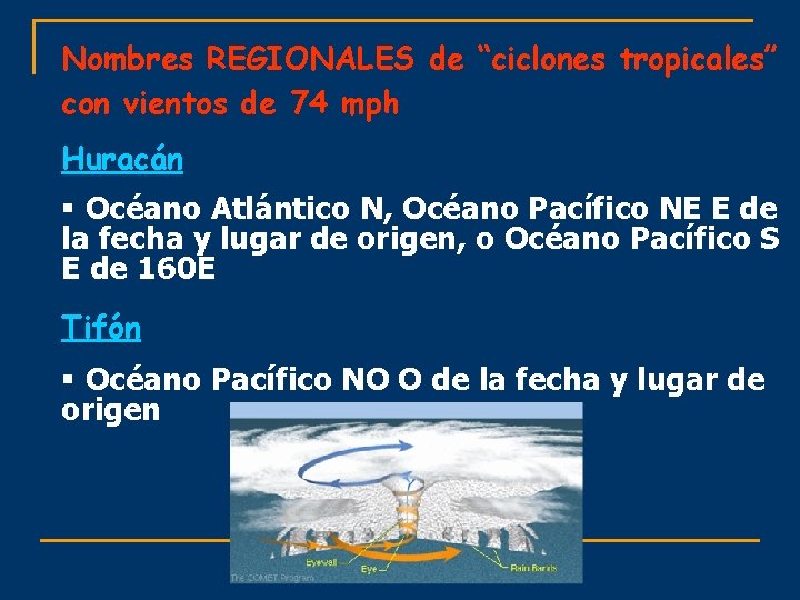 Nombres REGIONALES de “ciclones tropicales” con vientos de 74 mph Huracán § Océano Atlántico