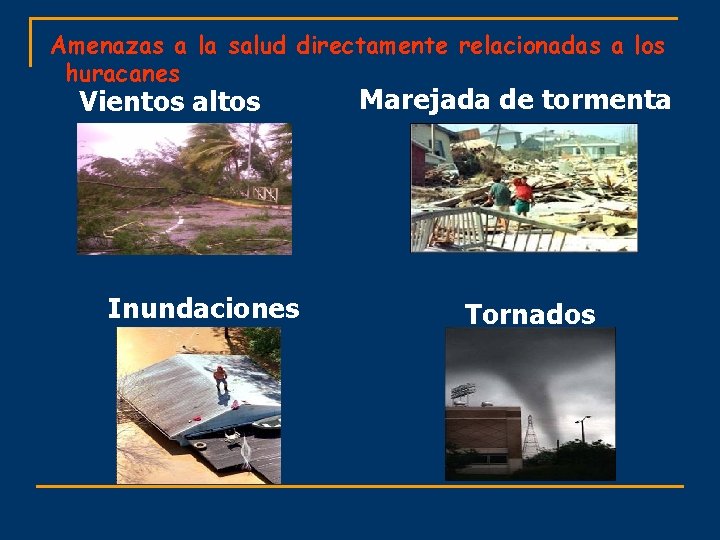 Amenazas a la salud directamente relacionadas a los huracanes Vientos altos Inundaciones Marejada de