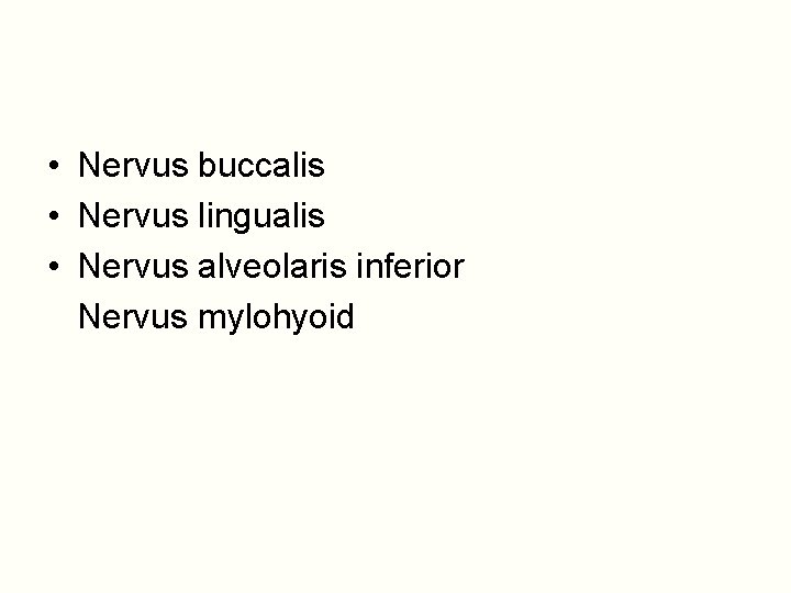  • Nervus buccalis • Nervus lingualis • Nervus alveolaris inferior Nervus mylohyoid 